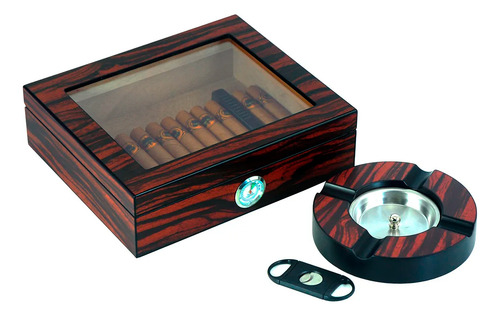 Caixa Umidora De Charutos Kit Com Cinzeiro E Cortador Ebony