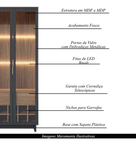 Conjunto Cristaleira Com Led E Buffet Preto Fosco/noce