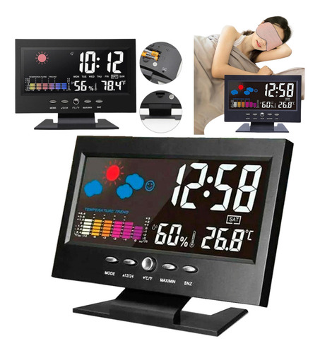 Relógio Digital Mesa Meteorológico Despertador Alarme Tempo Cor Preto