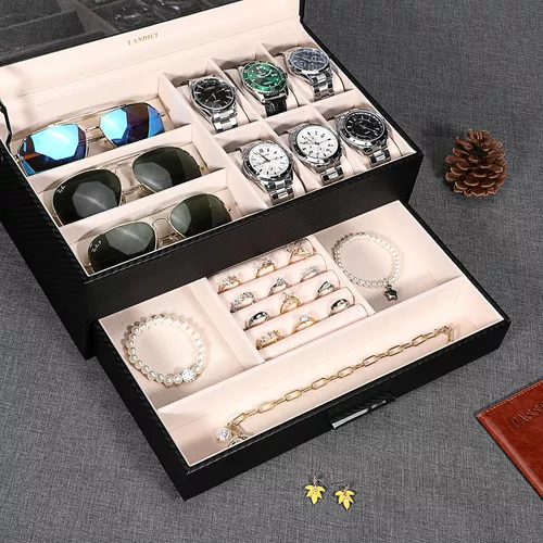 Caja de reloj para hombre, 3 ranuras, caja organizadora de relojes, caja de  almacenamiento de piel sintética con tapa de vidrio
