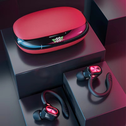 Auriculares deportivos inalámbricos Bluetooth 5.2 con gancho, color rojo