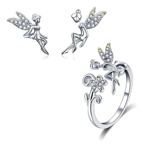 Anillo Y Aretes Set Conjunto Hadas Tinkerbell Plata S925