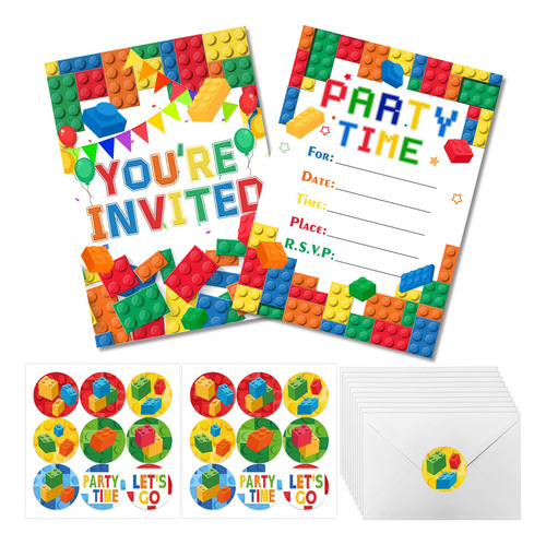 Tarjetas de Invitación de Bloques de Construcción, Bloques de Construcción Invitaciones de Fiesta de Cumpleaños con Sobre & Pegatinas, para Bloques de Construcción Decoración de Fiesta de Cumpleaños