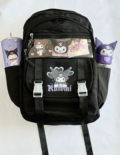 Mochilas Escolar Sanrio Kuromi, Kawai 2 Porta Vasos, 3 Cierres, Porta Lap, 4 Bolsas, Ajuste De Costado