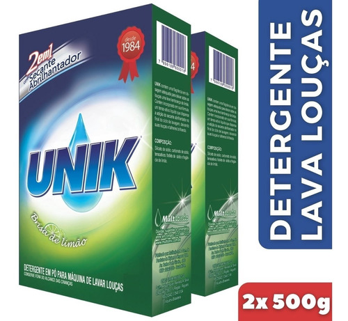 2 Sabão Detergente C/ Secante Máquina Lavar Louça 500g Unik