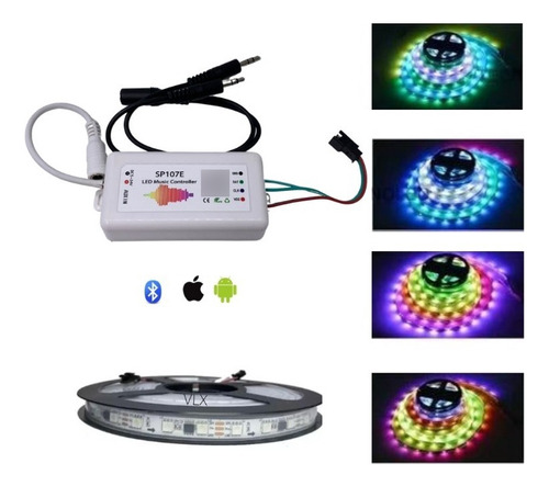 Controladora Ritimica Sp107e + Fita Led Ws2811 5m 30 Leds/m Cor Da Luz Rgb Tensão De Operação 12v 110v/220v