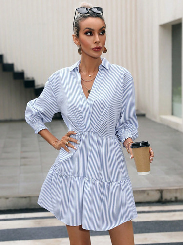 Vestido Smock Con Estampado De Rayas Bajo Con Fruncido