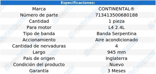Banda Serpentina A/a 945 Mm Summit L4 2.4l 92-96 Continental