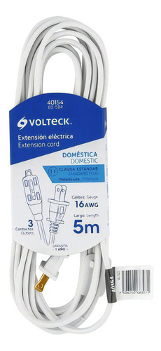 Extensión Eléctrica 5 M Blanca, Clavija Recta