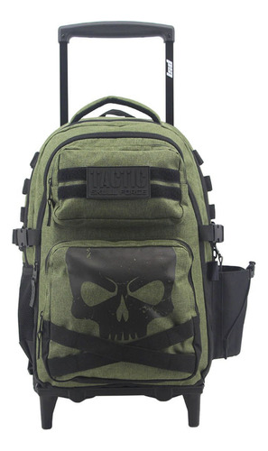 Mochila Con Carro Lsd Tactic Skull 18'' Premium 94.6034 Color Verde Oscuro Diseño De La Tela Lisa