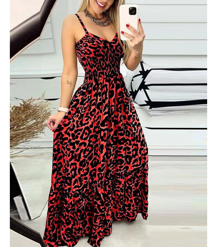 Elegante Vestido Largo De Mujer Con Estampado De Leopardo