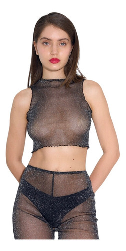 Top Tul Brillo Transparente Shine Moda Mujer Fiesta Negro