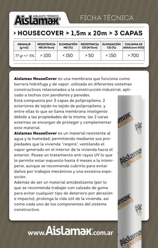 Housecover Hidrofugo Barrera De Vapor 30m2 Barrera Hidrofuga