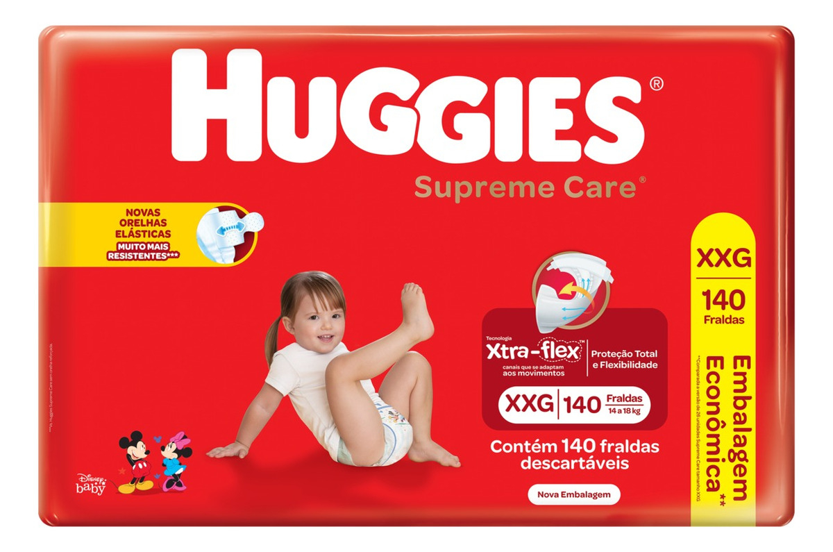 Fralda Descartável Huggies Máxima Proteção Tamanho XXG 140 unidades – Nova Supreme Care fralda aberta com tecnologia Xtra-Flex, canais em X que se adaptam aos movimentos e máxima proteção