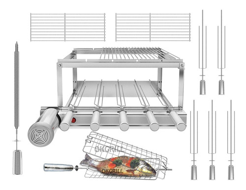 Gira Grill Churrasqueira Inox 5 Espetos + 3 Grelhas + Brinde
