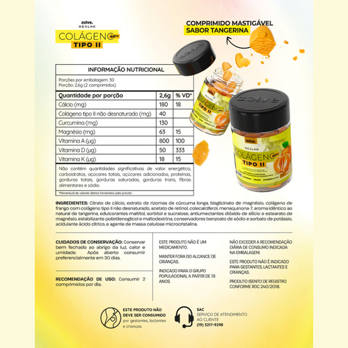 Colágeno Tipo 2 Uc-ii®, Vitamina C E Magnésio Tangerina