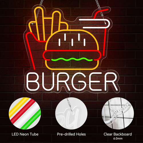 Letrero Led De Neón Para Cafetería Burger Fries Coke