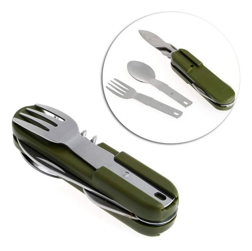 Set Cubiertos Camping + Funda Verde Cuchillo-tenedor-cuchara