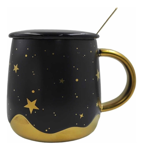 Mug Con Diseños Dorados De Estrellas Con Tapa Y Cuchara