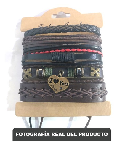 Imagen 5 de 6 de Set De 5 Pulseras De Cuero Con Dije De Corazón