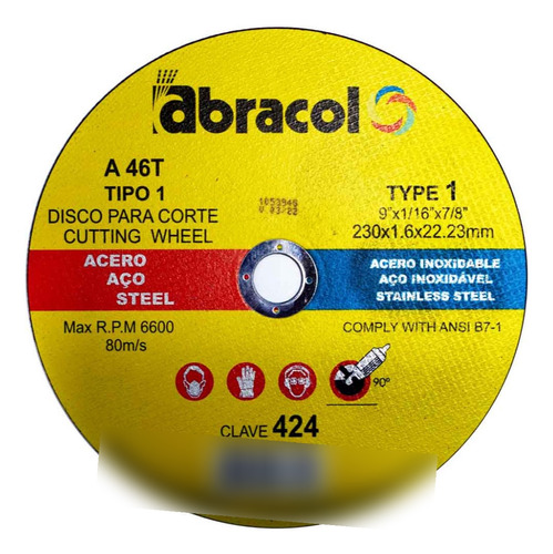 Disco Abracol Amarillo Corte Metal 9 (dt1 230x1,6x22,23mm)
