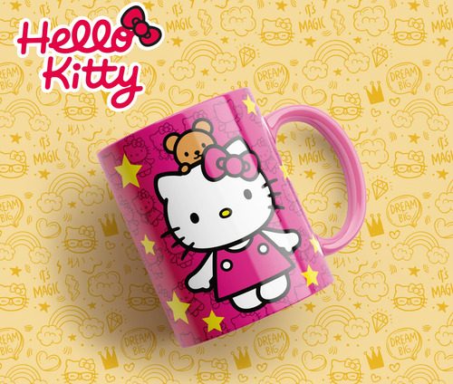 Taza Para Cafe Hello Kitty Asa Y Fondo De Color De 325ml. Blanco Asa Y Fondo Rosa Kitty Clasica