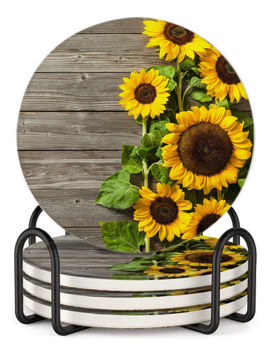 Posavasos De Madera De Girasol De 3.9in Para Bebidas, Absorb