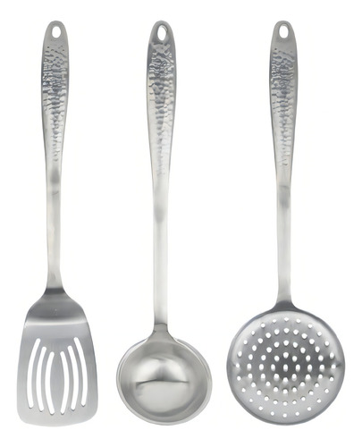 Kit C/ 3 Peças De Utensílios Cozinha Em Aço Inox Prata