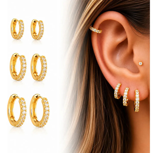 Trio De Brincos Argolas Femininas Finas Cravejadas Banho Ouro 18k Evidence P M G