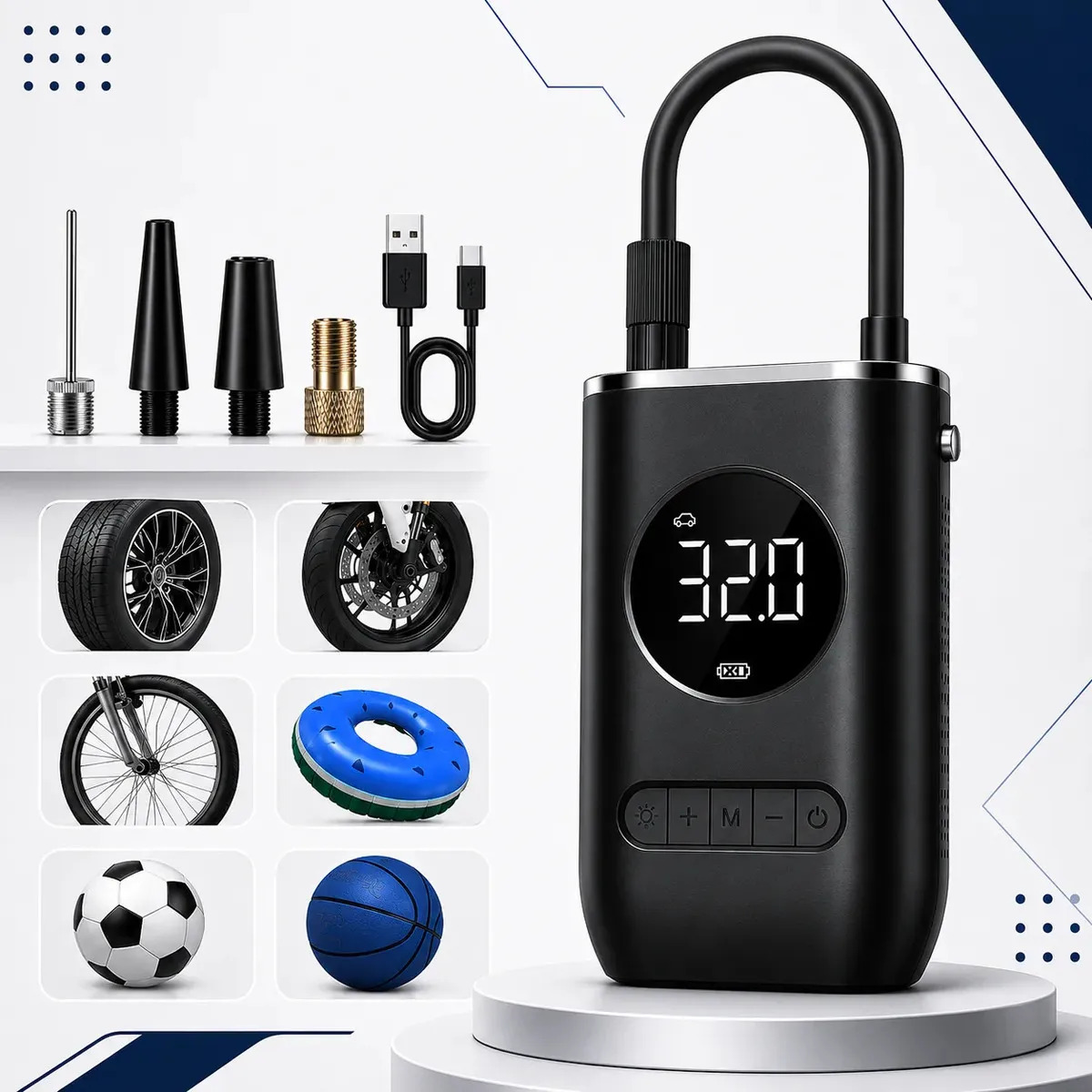 Calibrador Portátil Bomba De Ar Para Encher Pneu Compressor Automotivo Para Calibrar Moto Carro Bike Preto - Multicontrol