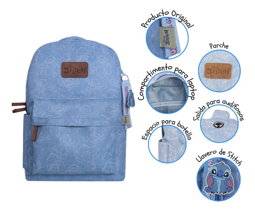 Mochila Disney Stitch Bp13dm Color Azul Claro