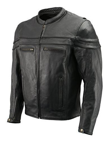 Chaqueta De Scooter Cruzada De Cuero Para Hombre Con Armadur