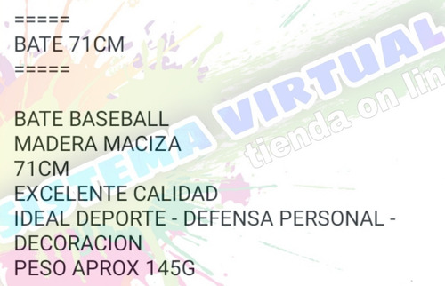 Imagen 3 de 5 de Bate Palo Baseball Madera Beisbol 71c Macizo Defensa Deporte