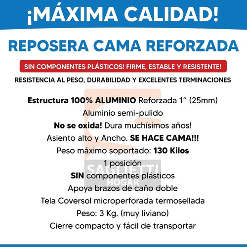 Imagen 3 de 10 de Reposera Cama Aluminio Brillante Alta Refozada 130 Kg Alumel