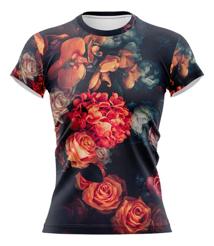 Remera Dama Fondo Oscuro, Flores Rosadas Y Naranjas Mod 5