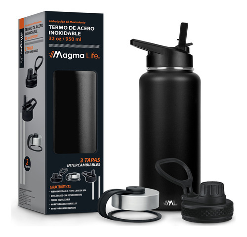 Termo Para Café Y Agua 3 Tapas Acero Inoxidable 32 Oz 950 Ml Color Negro