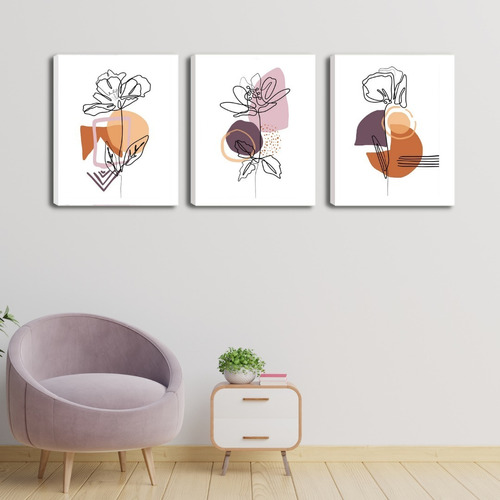 Set De 3 Cuadros Para Sala. Diseños Florales Abstractos