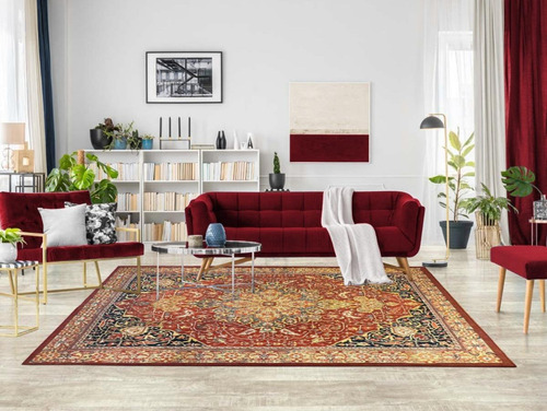 Tapete Sala 200x240 Classico Oriental Kashan Vermelho Preto