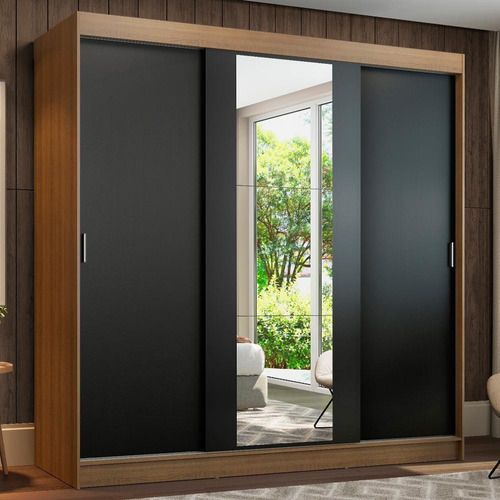 Guarda-roupa Casal Reno Madesa 3 Portas De Correr Espelho Rp Cor Rustic/Preto 1095H91E