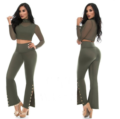 Conjunto De Blusa Manga Larga Y Pantalon Abertura Para Mujer