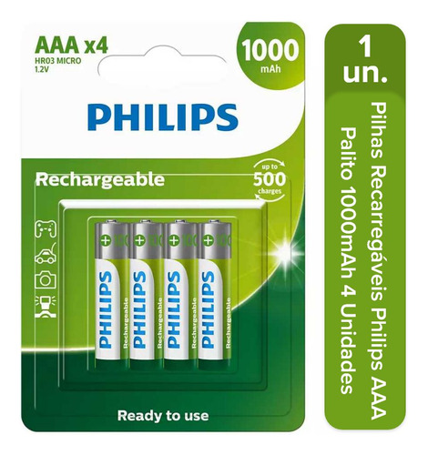 4 Pilhas Recarregável Philips Aaa 1000mah Hr03 Micro 1,2v