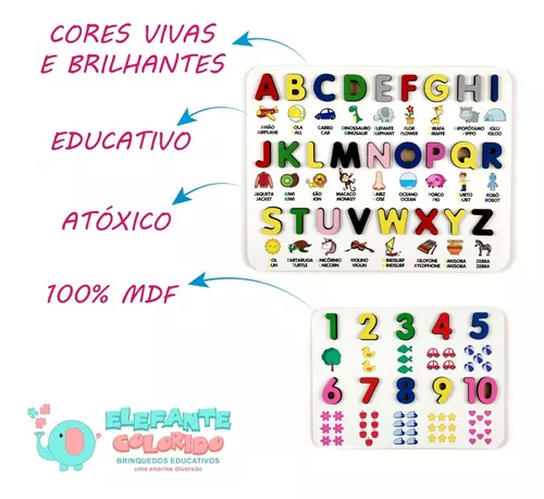 Kit Jogo Educativo Alfabeto e Numerais Coloridos em MDF