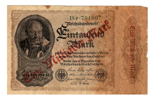 Billete 1000 Marcos Alemania 1922 Sobreimpreso Republic Weim