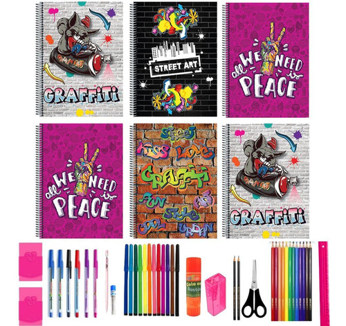 Kit 6 Caderno Espiral Graffix 96 Fls Capa Dura 40 Materiais