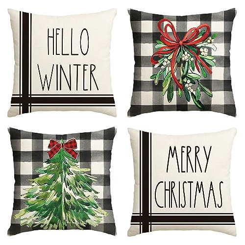 Fundas De Almohada Merry Christmas Tree Buffalo Plaid C...