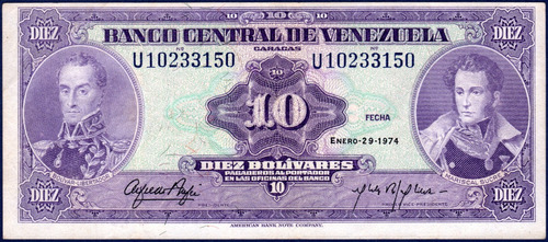 10 Bolívares U8 Enero 29 1974 Simón Bolívar Y A. J. De Sucre