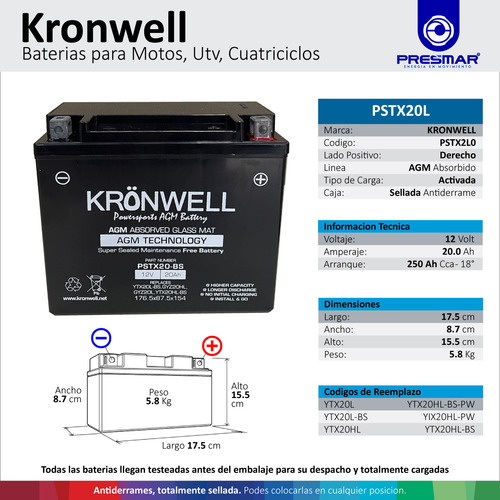 Bateria Kronwell Harley Davidson Vrsc 1130 1250 V-rod 07/17 Derecho