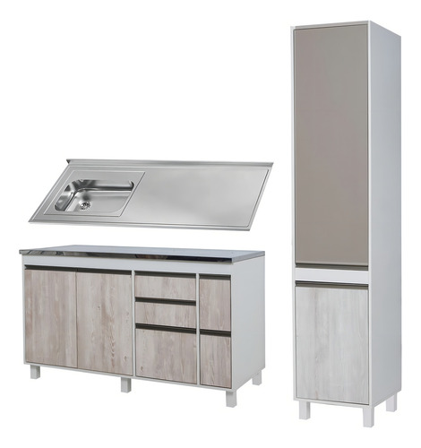 Combo Bajo Mesada 140 Cm Ricchezze Sorrento + Tolva Despensero 210x45 Cm + Mesada Johnson Acero Inoxidable Bacha Simple