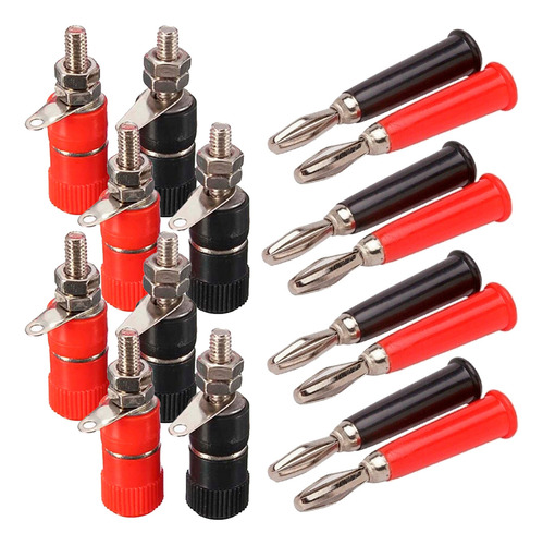 8 Borne 4mm Fêmea + 8 Pino Banana Macho Preto/vermelho