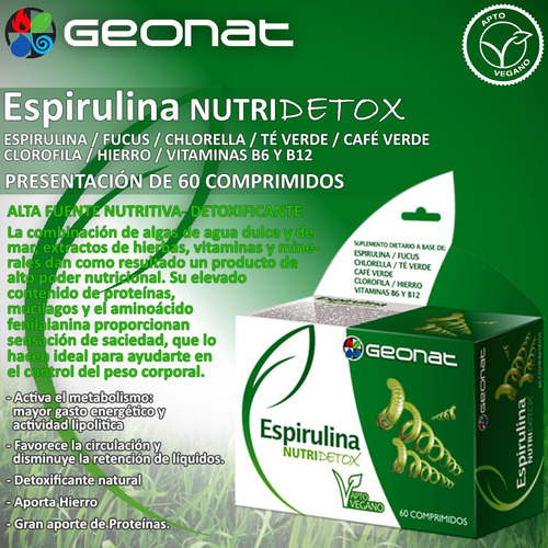 Espirulina Detox Vegano Hierro Vit B12 B6 Geonat 60 Comps